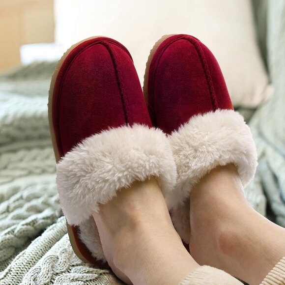 Women's Wine Warm Comfy Memory Foam Slippers Closed-toe Indoor House Shoes - Picture 2 of 7